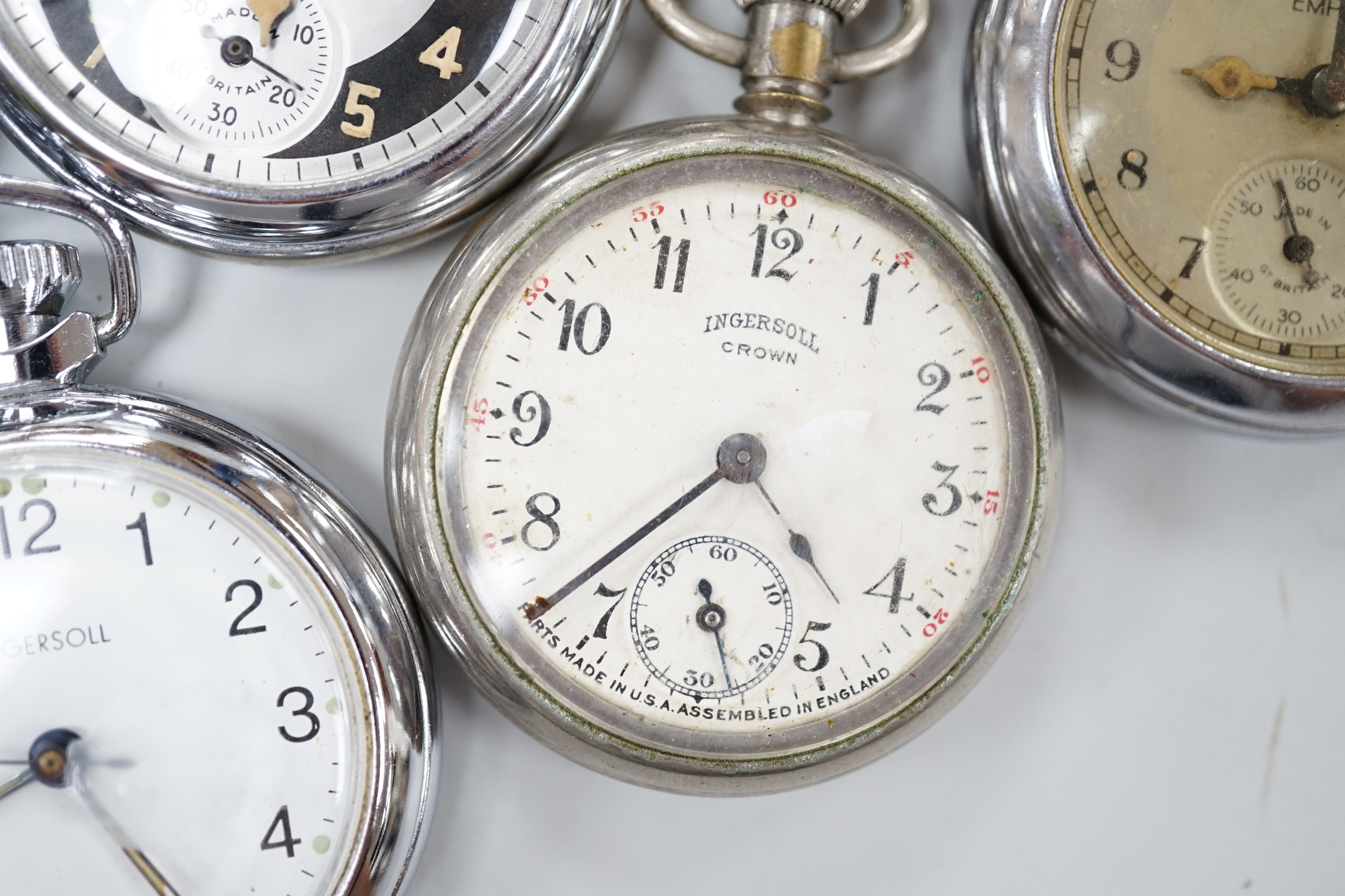 Ten assorted base metal pocket watches including Ingersoll and Smiths.